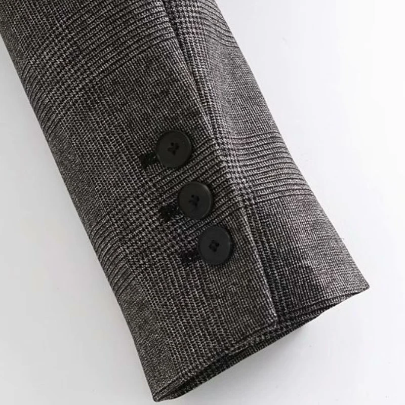 

PUWD Vintage Woman Dark Grey Plaid Short Coats 2021 Spring Fashion Ladies Button Outwear Female Casual Basic Jackets