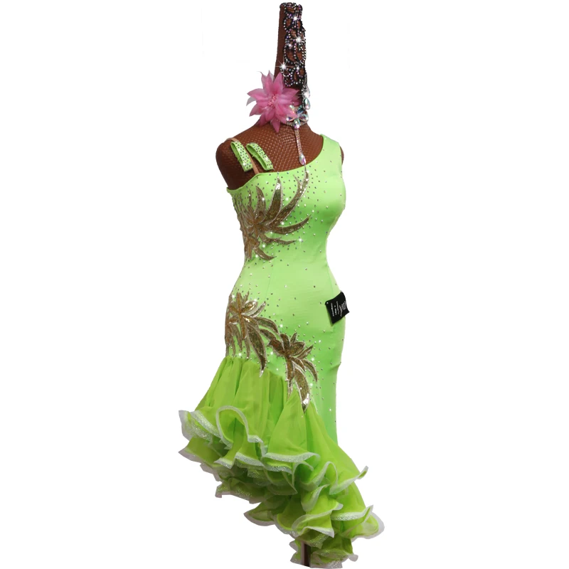 Latin Dance Dress Latin Skirt Competition Dress Costumes Performing Dresses Sparkly Rhinestones Customize Fluorescent Green Slim