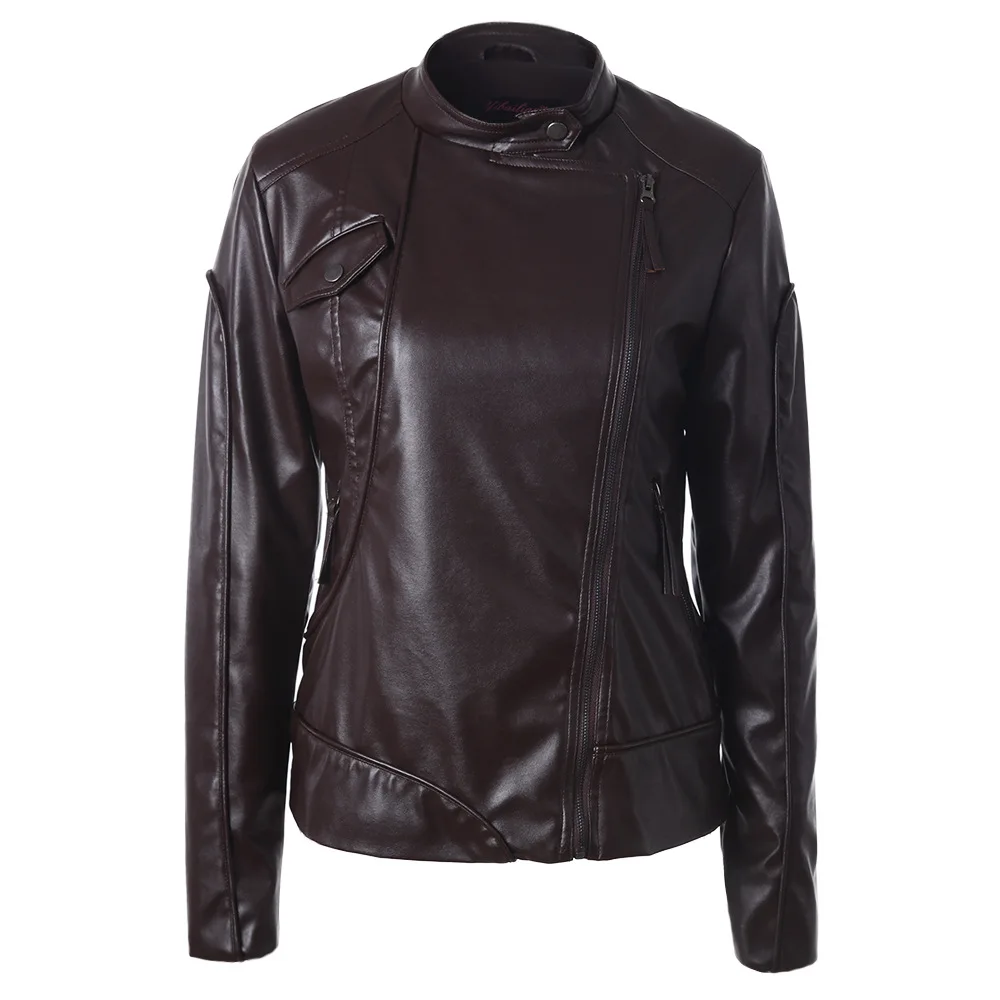 Winter Personalized Faux Leather Solid Color Stand Collar Side Zipper Jacket for Women Dropshipping