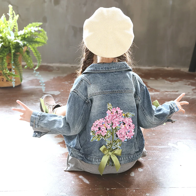 Куртка для девочек с цветами Повседневная Свободная короткая джинсовая куртка