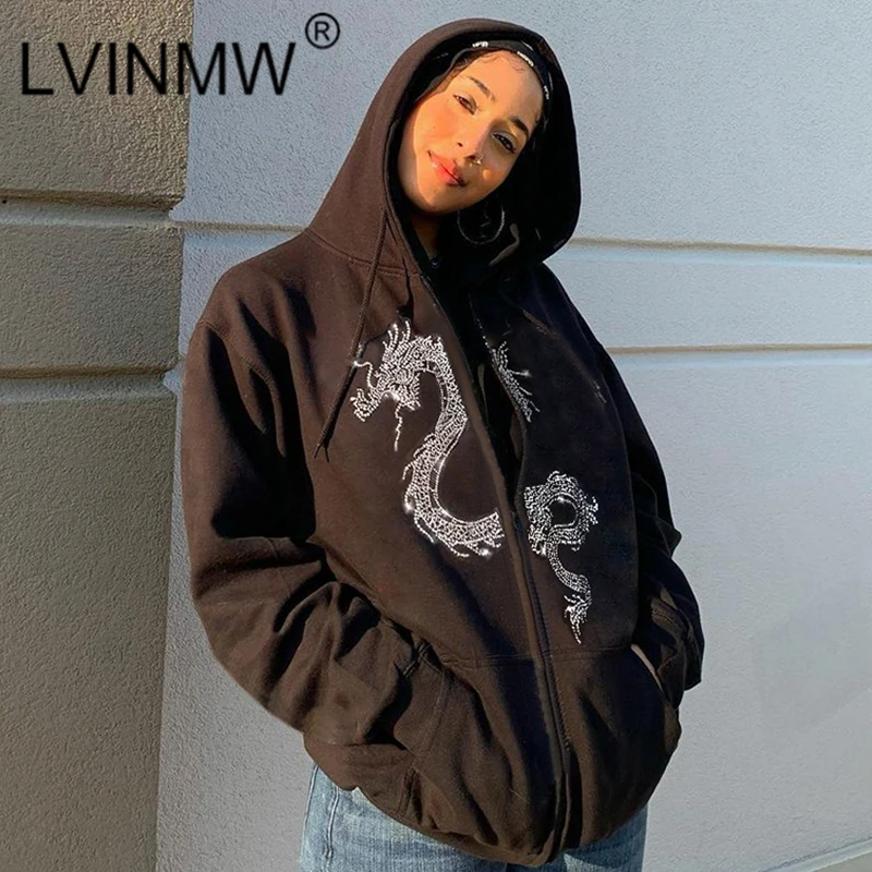 

LVINMW Hoodies Dragon Diamonds Vintage Casual Hooded Cardigan Zip Up Long Sleeve Loose Autumn Tops Pockets Fashion Streetwear