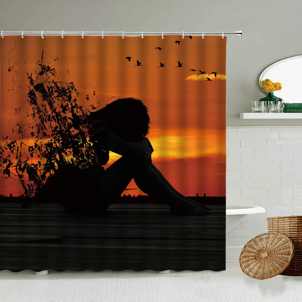 

Занавеска для душа с закатом, естественным пейзажем, абстрактным силуэтом, птицей, растениями, украшение для ванной комнаты, Светонепроница...