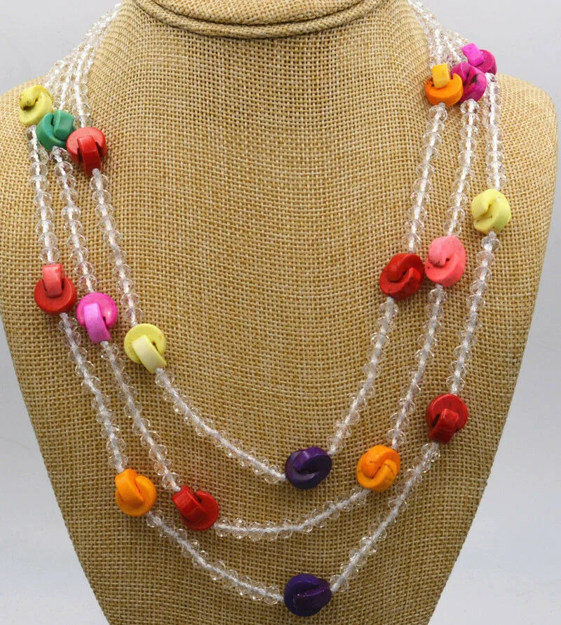 

New 3 Rows Multicolor Turquoise & white Faceted Crystal Beads Necklace 17-19"