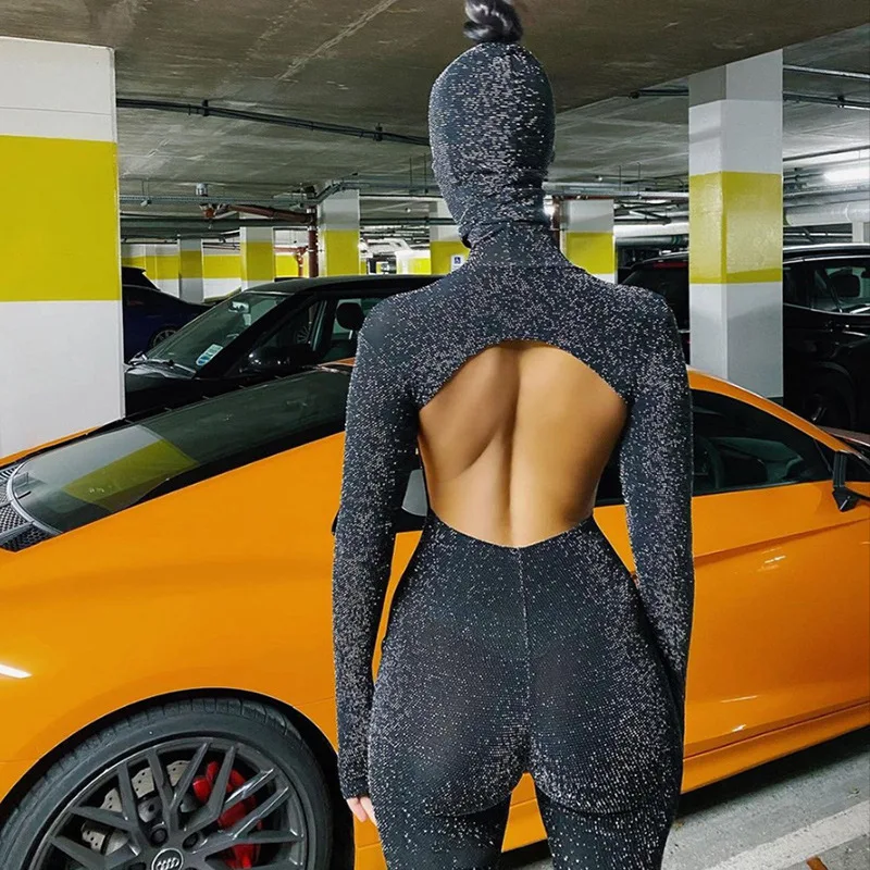 

Adogirl Glitter Silk Silver Wire Jumpsuit Womens Sexy Backless Club Party Wear Long Sleeve One Piece Outfits Nightclub Overall