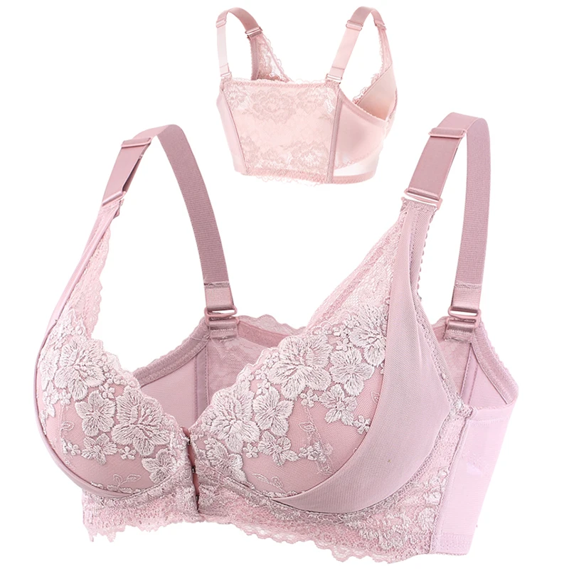 Для женщин застежка спереди мягкий кружевной бюстгальтер с Цветочной Вышивкой