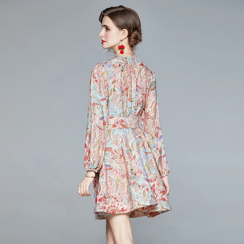 

Simgent Fashion Women Lantern Sleeve V-Neck Adjustable Waist Spring Elegant Casual Mini Print Dress Holiday Beach SG011165