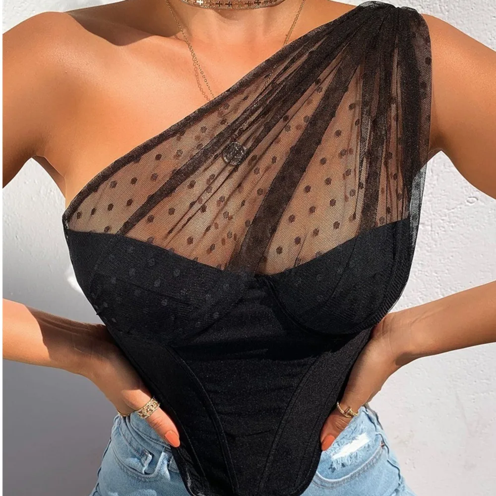 

Модный сексуальный сетчатый корсет без рукавов на одно плечо, укороченные топы, вырез лодочкой, женский прозрачный бюстье, топ, майка