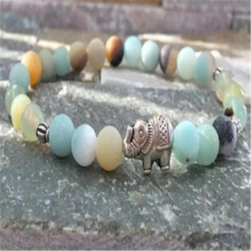 

6mm Amazonite Gemstone beads Mala bracelet Silver elephant Sutra Lucky Cuff Monk Bead Unisex Chakras 7.5inches Meditation