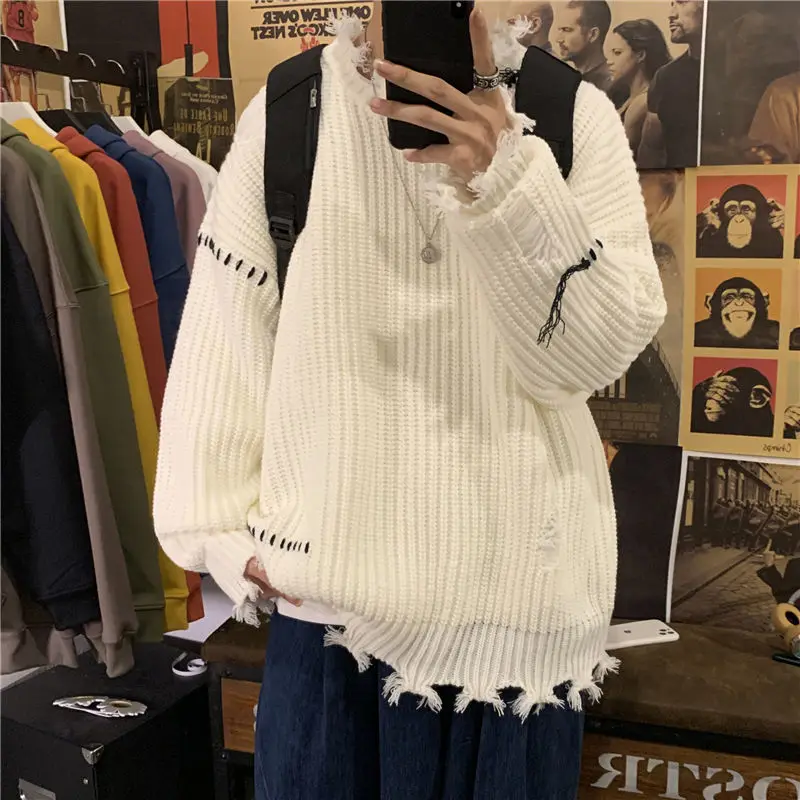 

2020 Men's Fashion Embroidered Coats Tassel Cashmere Sweater Streetwear Long Sleeves Pullover Solid Color Wool Knitting Clothes