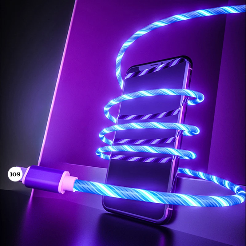 Светодиодный светящийся струящийся кабель type C/Micro USB/8Pin USB зарядное устройство для iPhone X samsung Galaxy S8 S9 яркий зарядный провод шнур