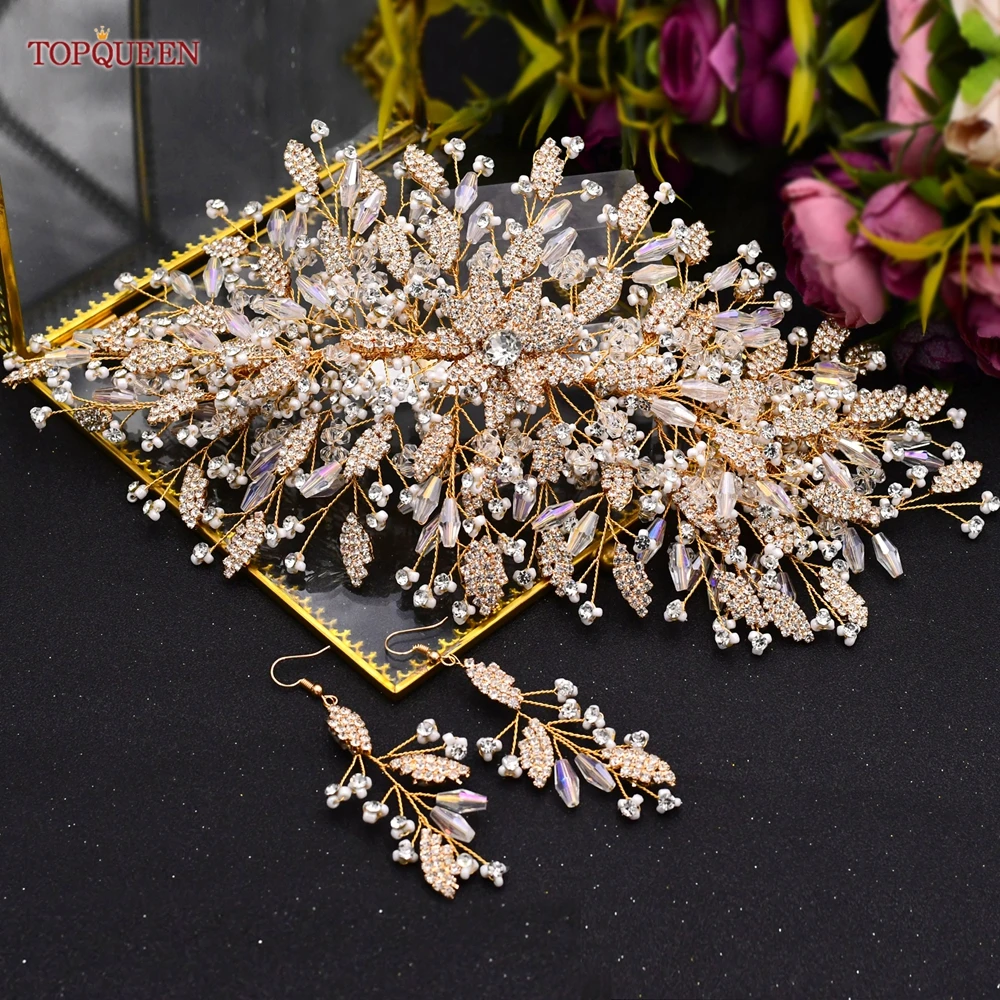 

TOPQUEEN HP377 Luxury Bridal Tiaras Gold Wedding Set Crowns Earrings Wire Bridal Headband Hair Accessories Crystal for Bride