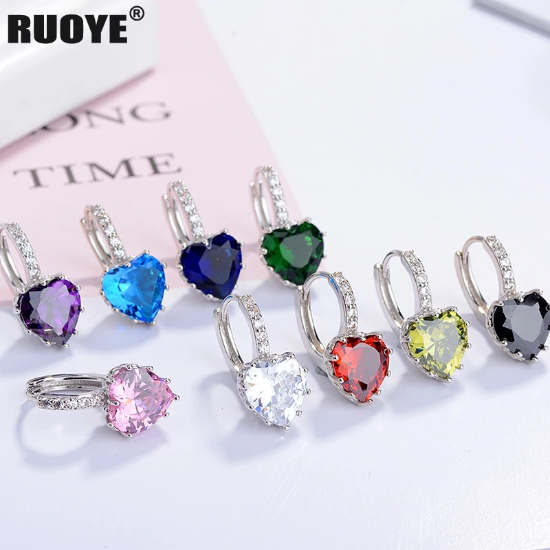 

Fashion Crystal heart Stud Earring 925 sterling silver Earring For Women Jewelry New White Green Purple Powder Blue Red Black
