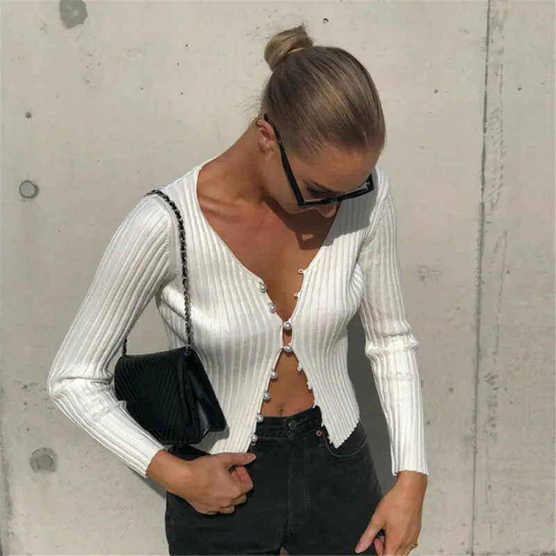 

New Women's Pearl Button Casual Autumn Summer Sweater Top Solid Knitted Slim Fit Ladies Crop Cami Tops Cardigan Long Sleeve