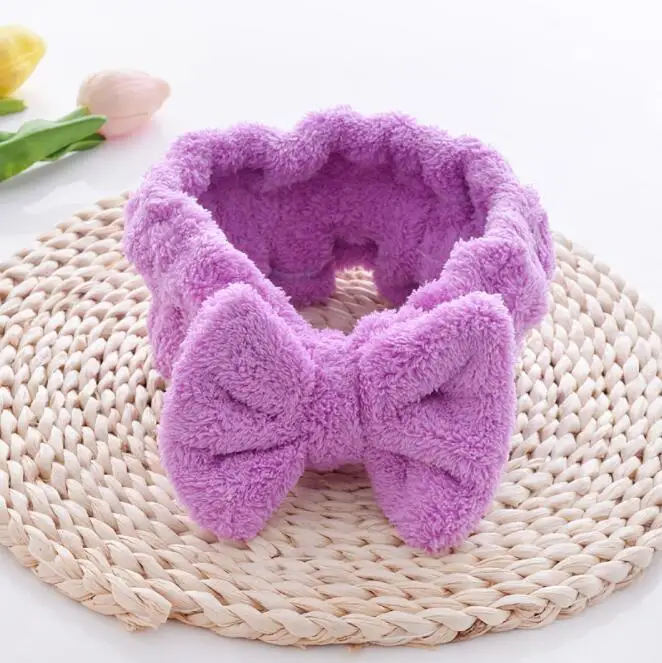 purple Фланелевые косметические повязки на голову, мягкие эластичные повязки на голову с бантом, кружевные повязки на голову для мытья лица, душа, спа, инструменты для макияжа - Handle Color: purple