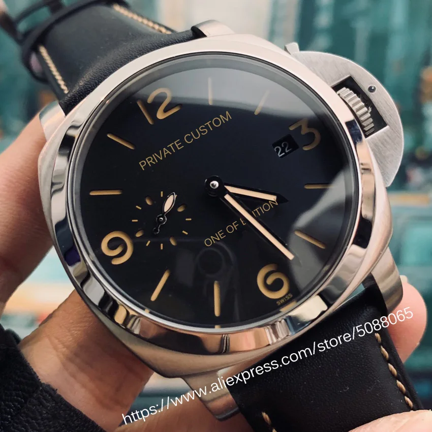 

Watch 44mm Silver Stainless Steel Case Seagull Automatic Movement Military Leather Strap Date Waterproof