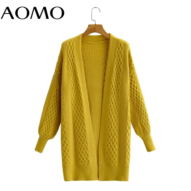 

AOMO 2021 Women Yellow Twist Long Knitted Cardigan Sweater Jumper Vintage Female Outerwear 1F393A