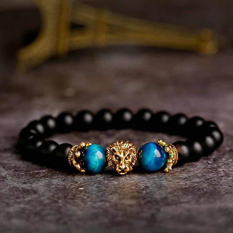 OIQUEI 2020 Charms Tiger Eye Stone Men Bracelet Classic Black Natural Lion Head Beaded Bracelets Hommes Pulseira Masculina | Украшения и