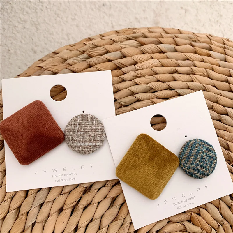 FFLACELL 2019 Korean Autumn Winter Retro Hit Color Asymmetric Geometric Flannel Button Stud Earrings for Women Girls | Украшения и