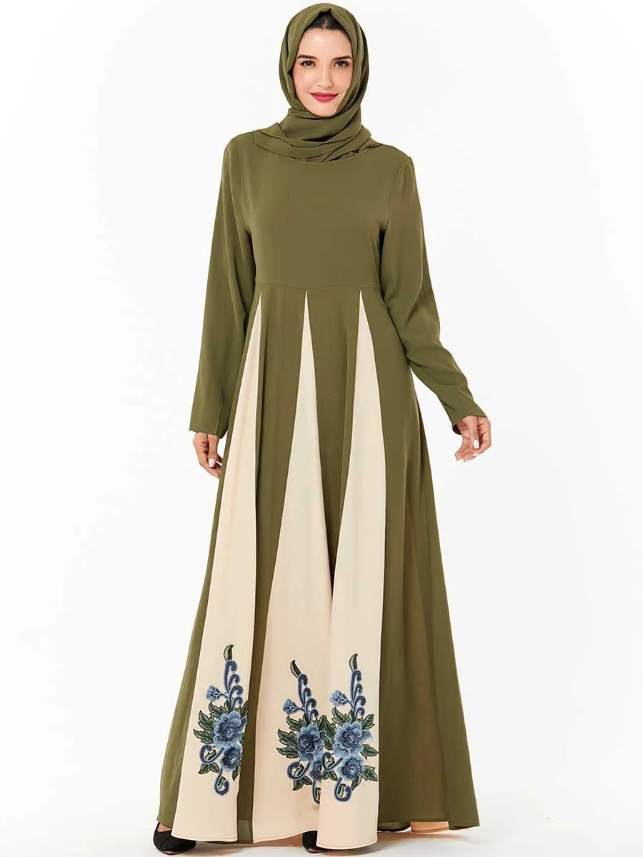 Muslim Dress Arabic Large Size Abaya Femme Caftan Marocain Green Embroidered Stitching Contrast Color Long Skirt | Тематическая