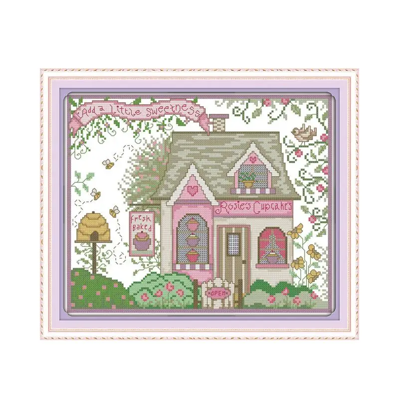 

Tea house cross stitch kit garden landscape view 14ct count canvas fabric craft x stitching embroidery DIY handmade needlework