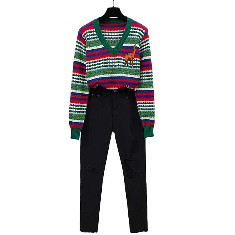 ICHOIX свитер с вышивкой + черные штаны комплект из 2 предметов Женский одежды милый