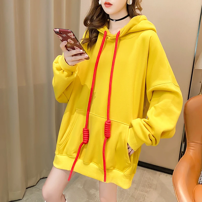 Oversized  Thick Women Sweetshirts Fashion Pullover Ladies Fleece Lining Long-sleeved Loose Casual Hoodie Hip-hop Solid Color