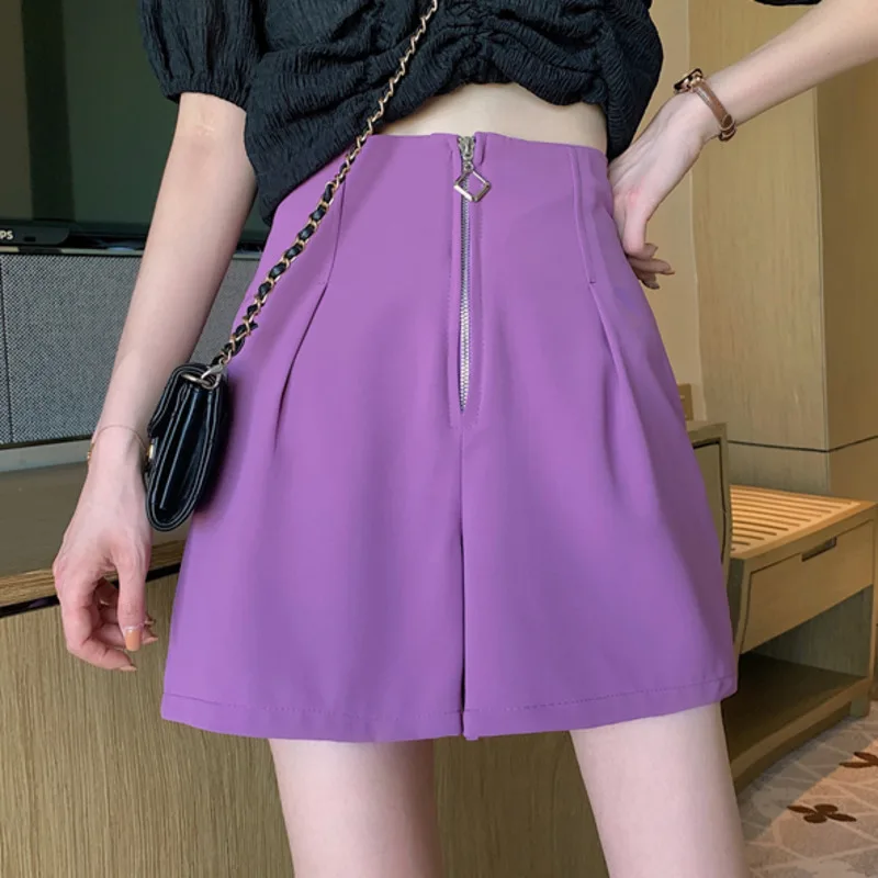 

#0678 Black Purple Casual Shorts Women Zipper Sexy Loose Wide Leg Hot Shorts High Waisted Short Shorts Female Summer 2021