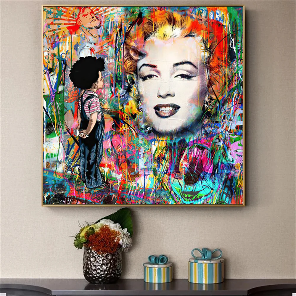 

Portrait Abstract Art Canvas Art Paintings On The Wall Graffiti Art Prints Monroe and the boy Pictures for Living Room Decor