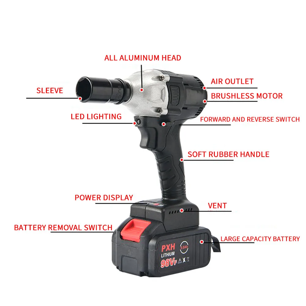 Llave de impacto de bater&iacute;a de litio recargable, sin escobillas, 98V, est&aacute;ndar de EE. UU.-3