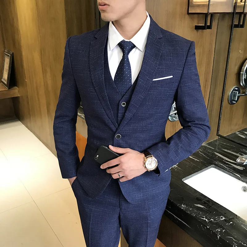 

2021 men's autumn new products line printing suits youth slim business casual suits three pieces
