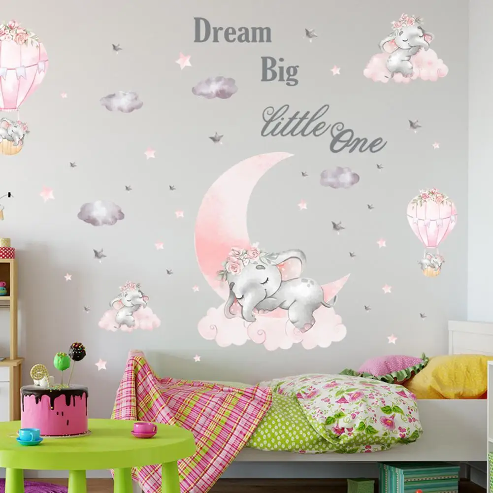 

2Pcs/Set High Quality Cartoon Pink Baby Elephant Wall Stickers Sticker Wall Paster Translucent Wall Background