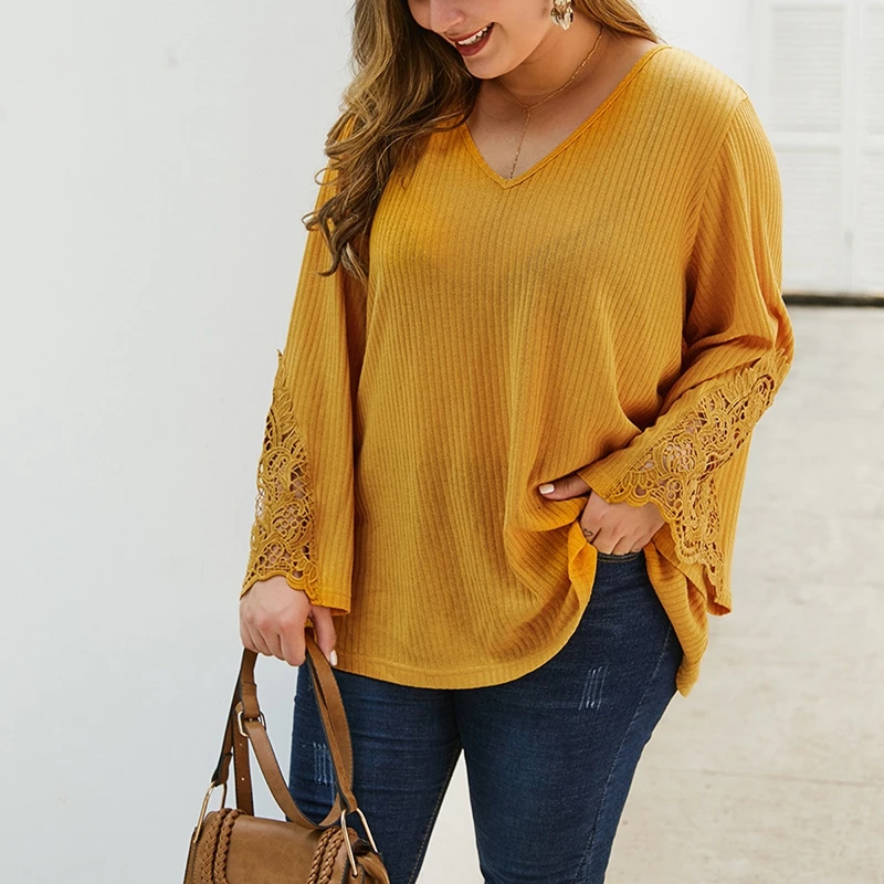 Autumn fashion women's large size sweater 5XL 6XL 7XL 8XL 9XL bust 148CM sexy V-neck lace cuff casual wild thin | Женская одежда