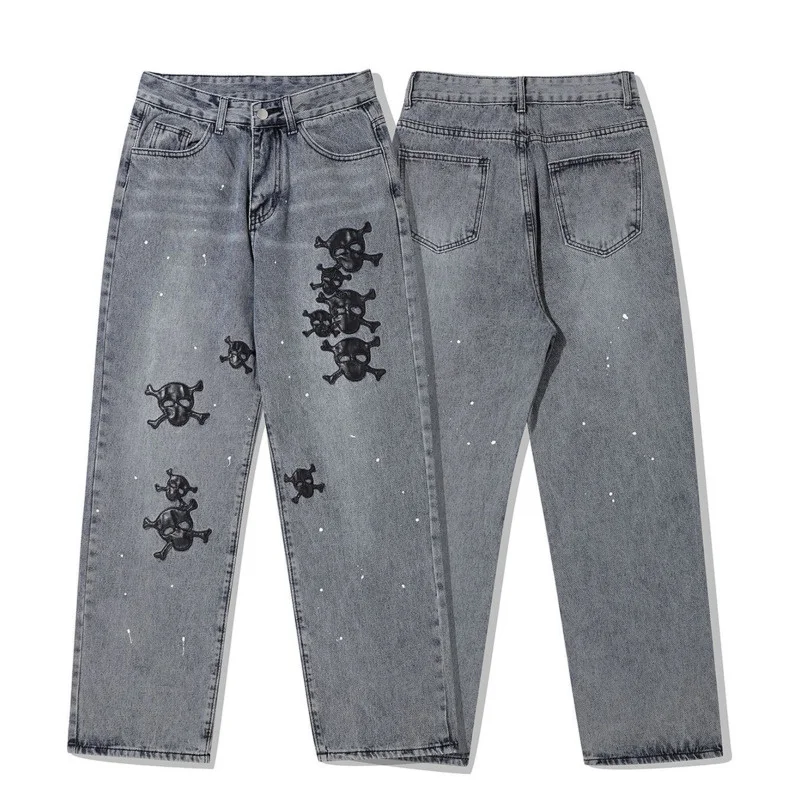 

Hip Hop Skull Leather Patch Jeans Men Overalls Casual Loose Retro High Waist Trousers Streetwear Gothic Pants Unisex