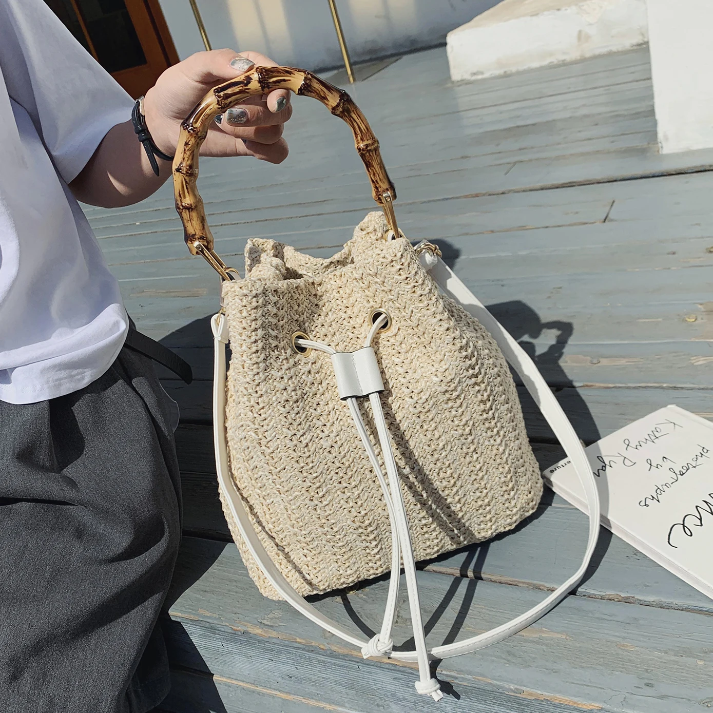 

Slub Handle Straw Bucket Bags For Women 2021 Small Shoulder Handbags Female Travel Totes Lady Fashion New Hand Bag