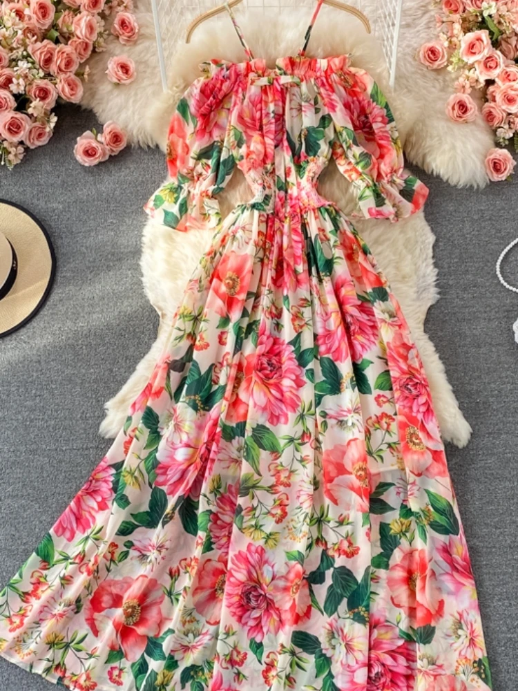 

Aibeautyer New Summer Casual Slim Short Lady Dress A Line Slash Neck Puff Sleeve Chiffon Pullover Mid-calf Women Dresses