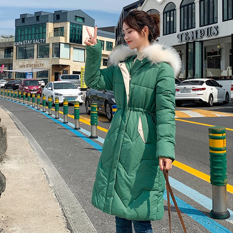 Women's winter down jacket plus size slim long womens coats Korean style solid hooded with fur collar thick female parkas | Женская
