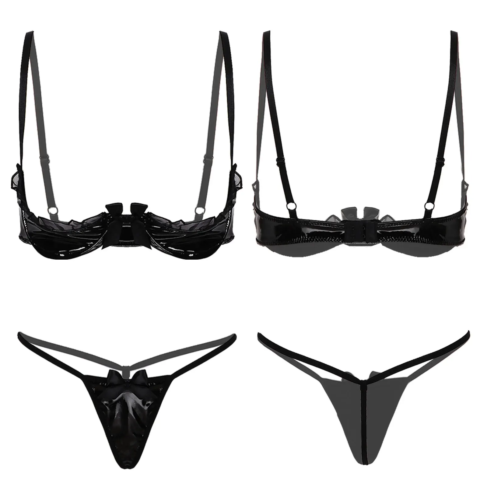 

Womens Leather Lingerie Exotic Sets Sexy Evening Parties Clubwear Lace Trimmed Underwired Bra Tops with Bowknot Briefs Thongs