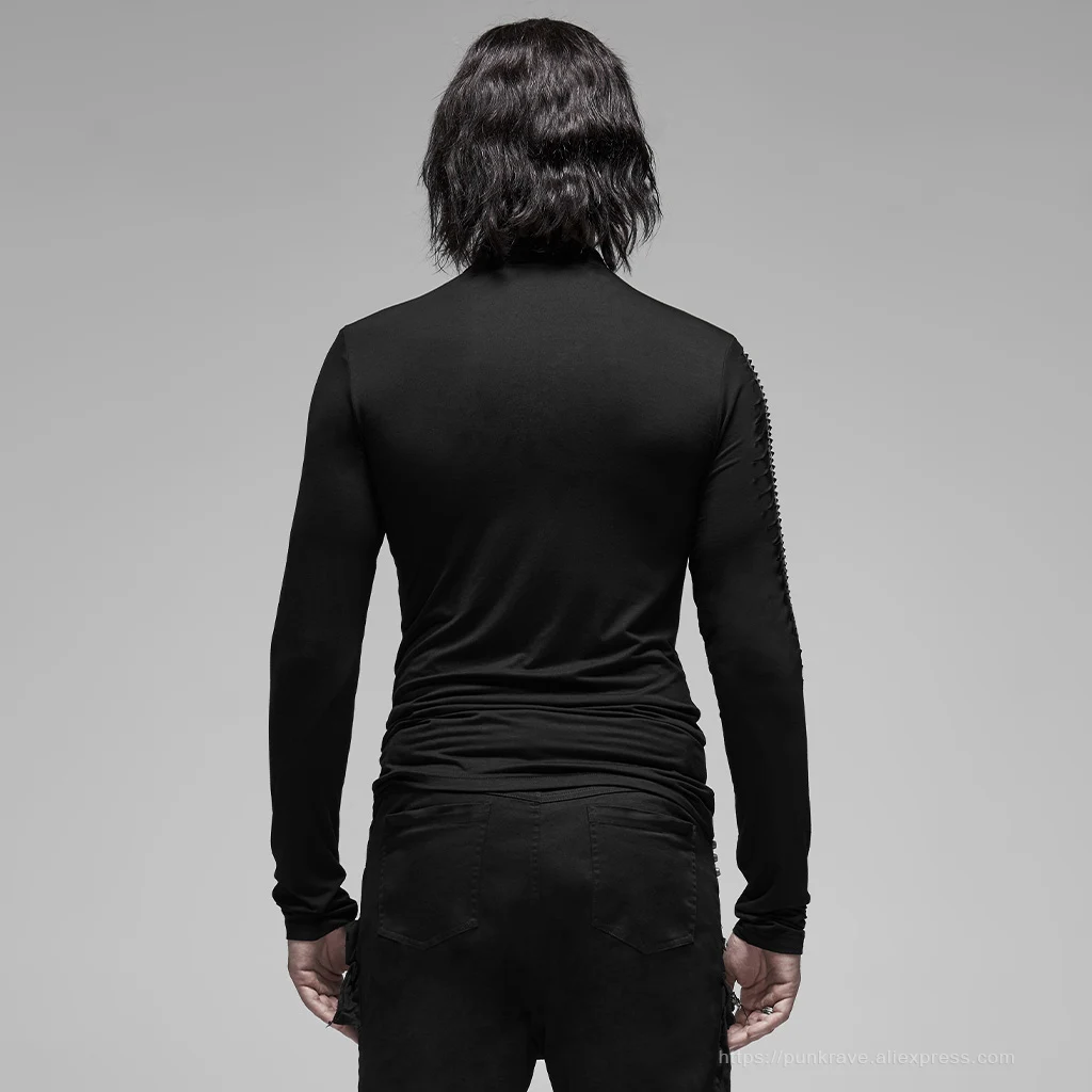 Мужская футболка с длинным рукавом черная облегающая в стиле Харадзюку | одежда