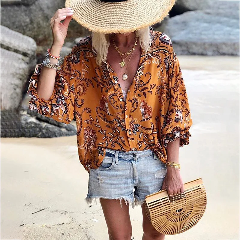 

Spring Summer Casua Print Tops Women Ruffles V Neck Single Breasted Three Quarter Sleeve Shirt Top 2020 New