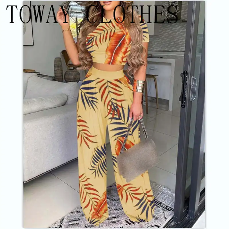 

Women Short Sleeve O-neck Graphic Leaf Print Crop Top & Wide Leg Pants Sets Top & Pant Sets 2pc Summer Vacation