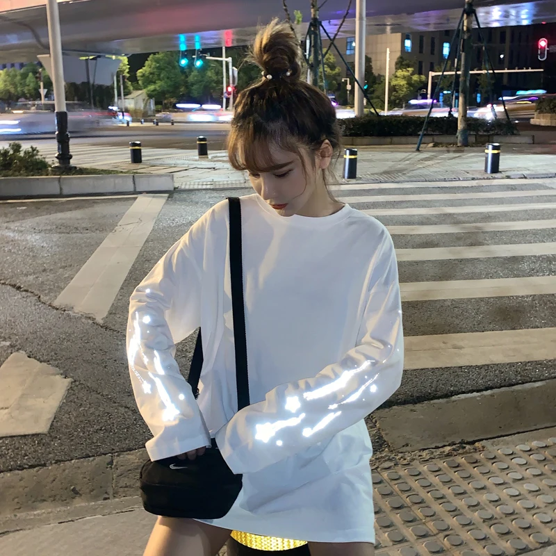 Harajuku светоотражающий принт с длинным рукавом корейская мода Женская одежда roupas