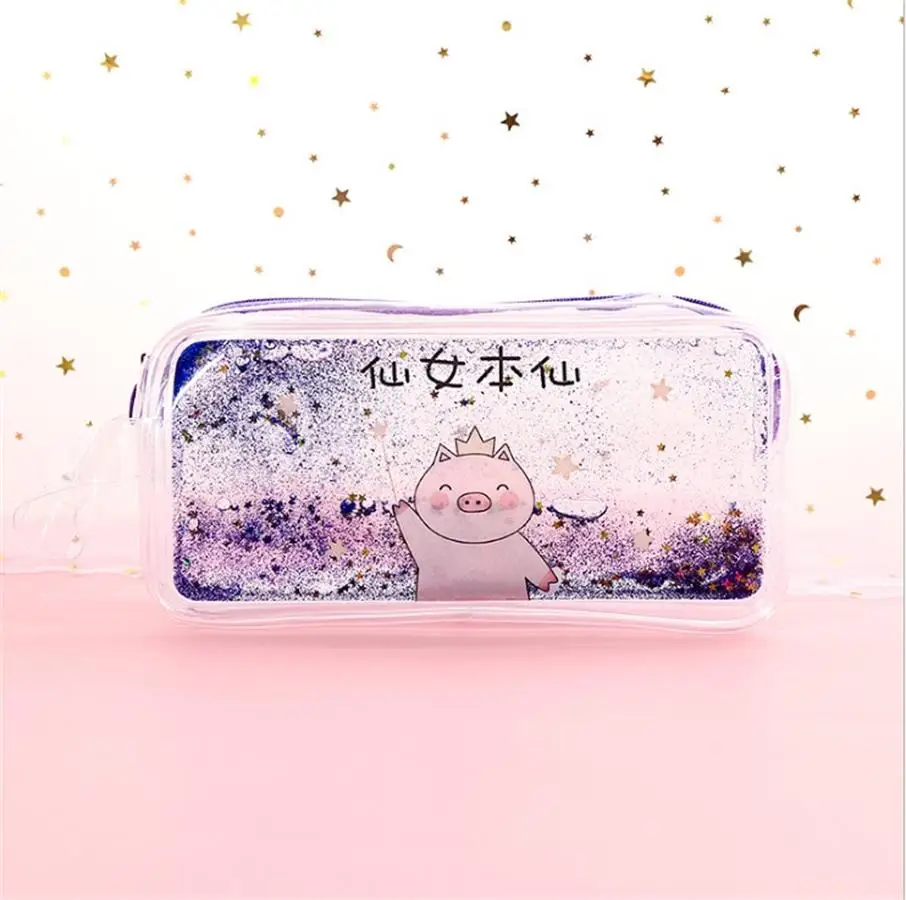 Kawaii Qiuck песок пенал мультфильм Свинья девушки макияж ручка мешок большой емкости прозрачная сумка для хранения школьные канцелярские принадлежности - Цвет: 9