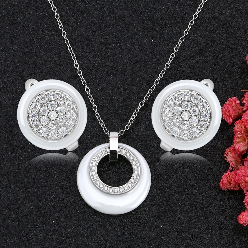2019 Fashion Women Jewelry Sets Black White CZ Crystal Female Never Fade Ceramic Pendant Necklace Earrings | Украшения и