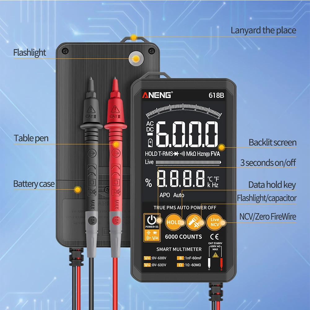 

Digital Multimeter Measuring Tool Mini AC DC Voltage Diode Tester Home Touch Screen Resistance Capacitance High Accuracy