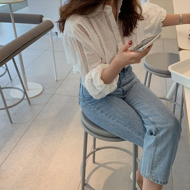 

Women's Spring Autumn Top French Polka Dot Chain Hook Flower Hollow Lace Blouse New Solid Color Loose Long-sleeved Tops LL421