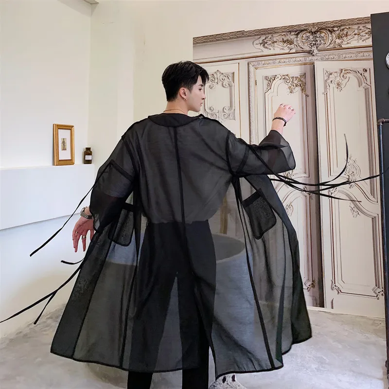 Тренчкот мужской полупрозрачный сетчатый длинный кардиган в стиле