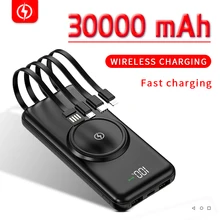 30000mAh Wireless Charging Power Bank Portable Charging Digital Display External Battery 4 USB Power Bank for iPhone PoverBank