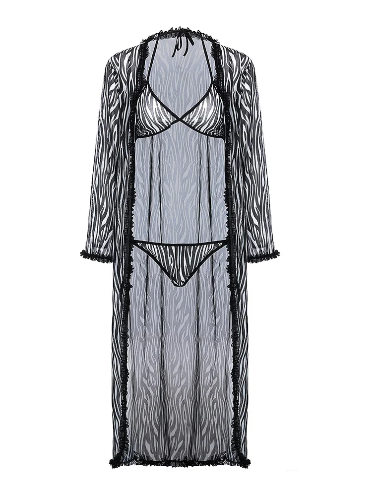 

Zebra Pattern Contrast Trim Robe and Bra Set Casual Sleepwear Mesh Nightwear Elegant Lingerie Spa Bathrobe