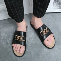 new mens shoes fashion casual one word open toe solid color pu classic metal chain decorative flat sandals zapatillas hombre 48