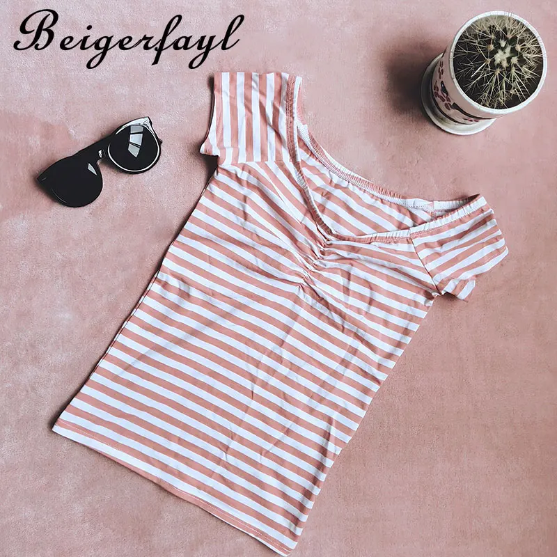 Beigerfayl футболка Camisetas Mujer Manga Corta полосатый дропшиппинг с открытыми плечами Топ для